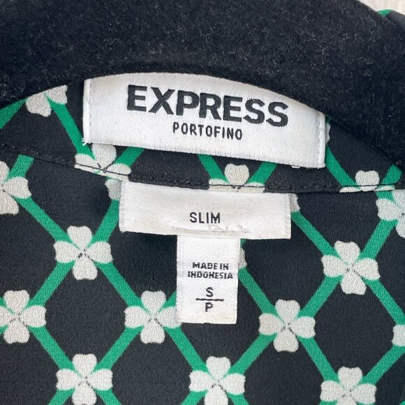 Express Portofino Shirt Small Slim Fit Four Leaf Clover Blouse Roll Tab Sleeve - Picture 3 of 7